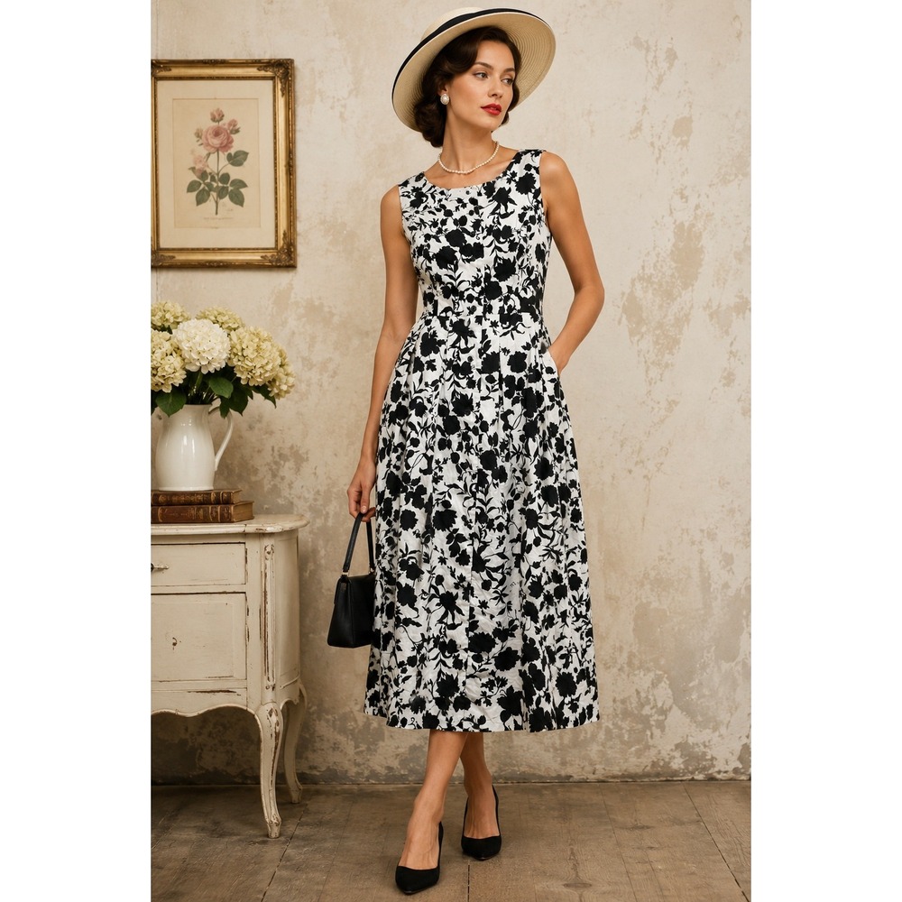 J.G. Hook Floral Button Front Midi Dress Black White Sleeveless Size 14